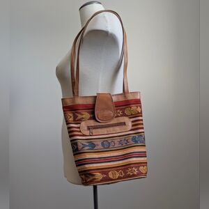 Vintage Ecuadorian Woven Wool Cotton Leather Tote Bag Travel Stripe Pattern